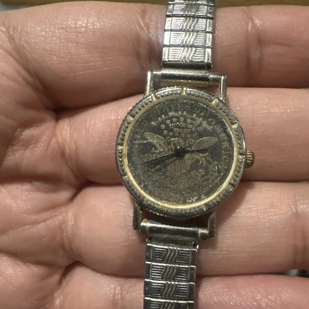 Working Vintage USA Twenty Coin Black Dial Stretch Band Ladies Watch 23mm Fit 7